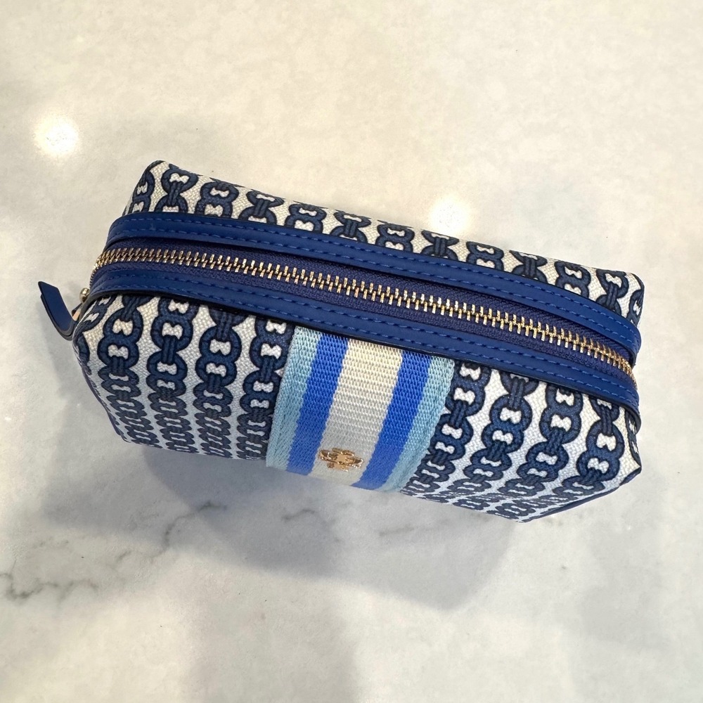 NWT Tory Burch Gemini Link Canvas Small Cosmetic Case Blue Stripe Makeup Bag - Picture 7 of 10